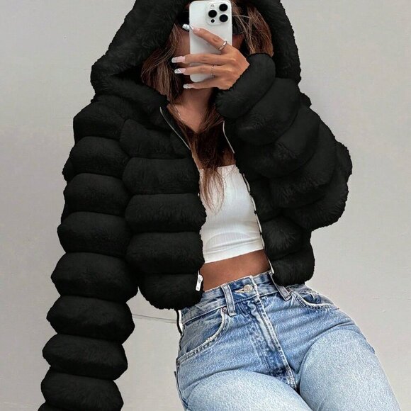 Jackets & Blazers - Black Casual Women's Fluffy faux fur Hooded Cropped Jacket